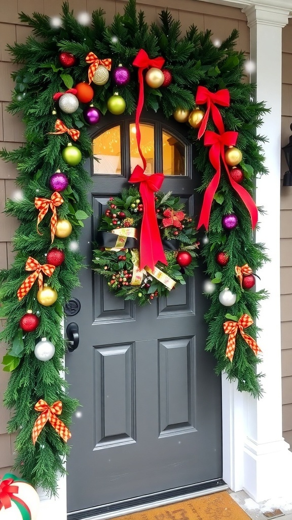 A Christmas doorway decorated with garland, ornaments, ribbons, and a wreath, set in a snowy environment.
